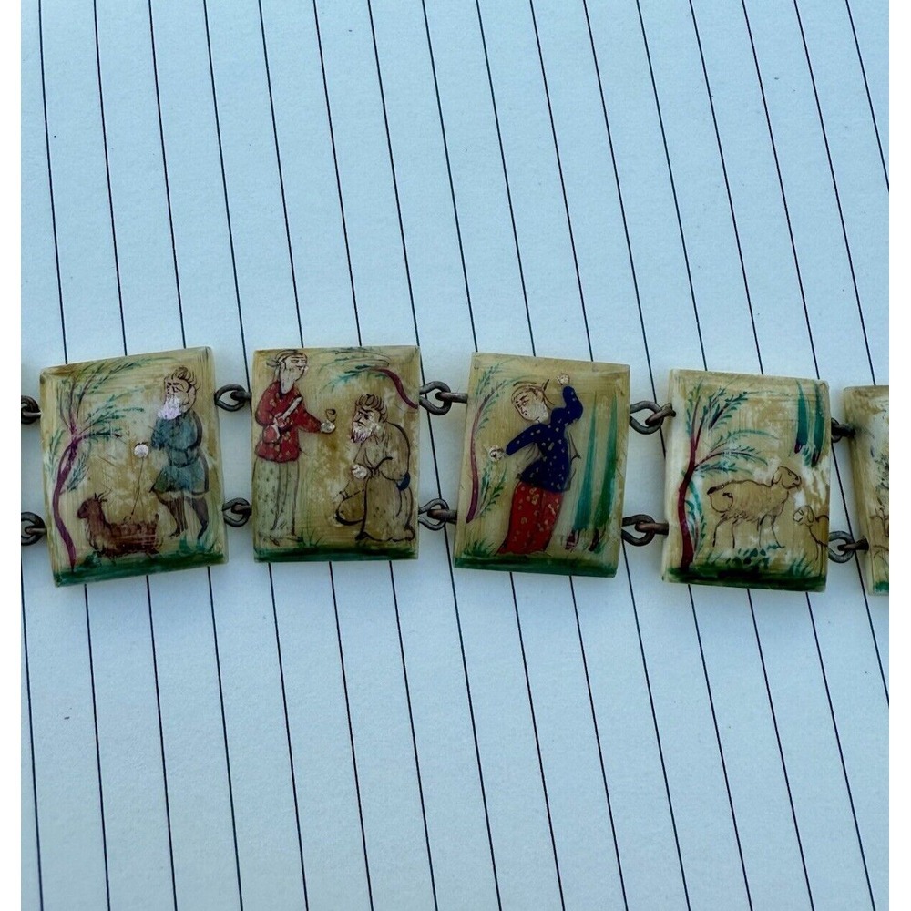 Antique Hand Painted Bone Panel Story Teller Bracelet Early 1900s s Unique 7.5" - Picture 5 of 5
